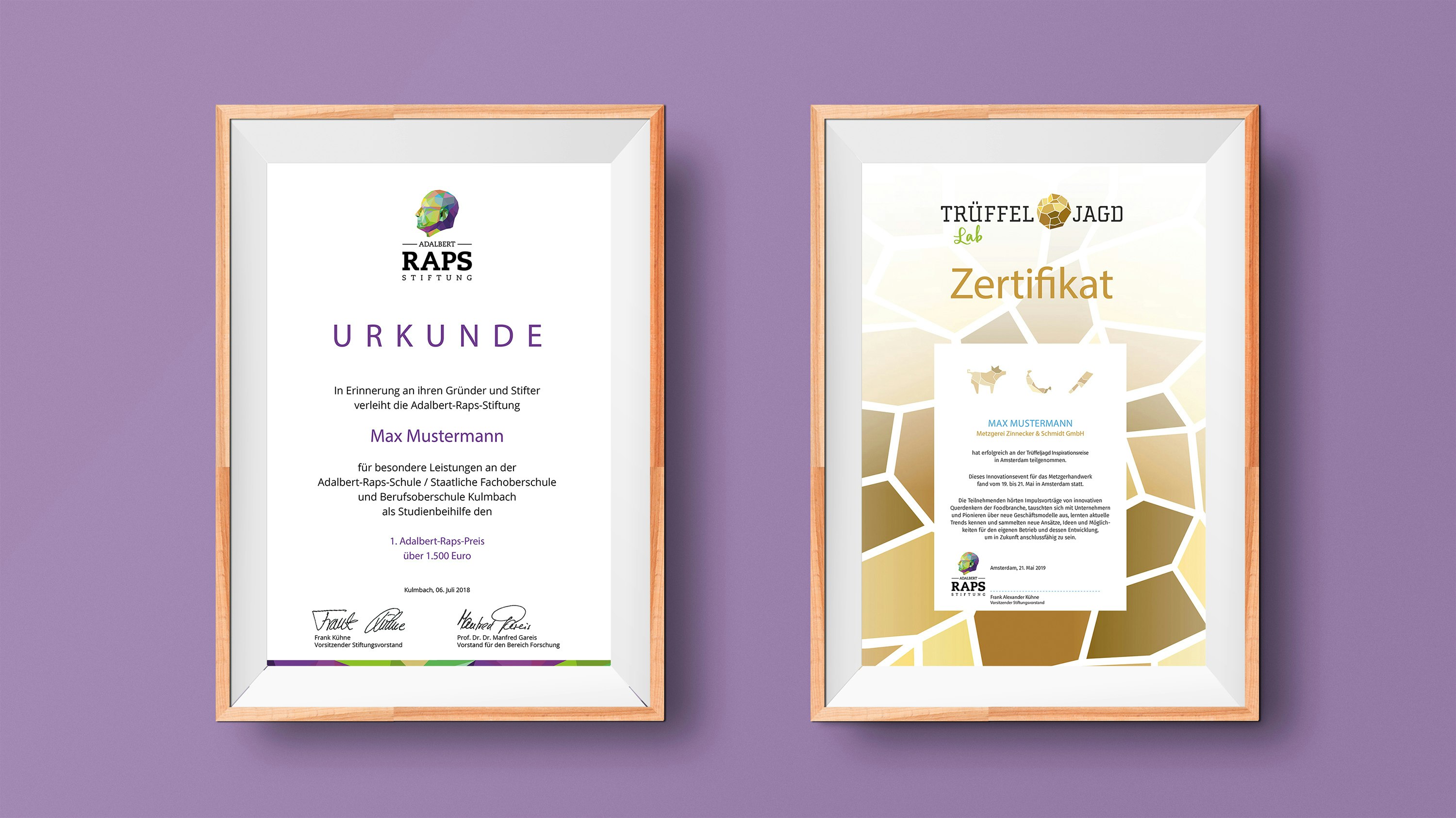 Mockup Adalbert-Raps-Stiftung und Trüffeljagd Urkunde